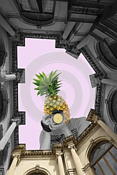 Art collage, bottom-up view of a man taking pictures from a building on a pink background, Pineapple instead of his head