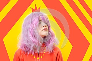 Art collage. Close up fashion portrait beautiful young woman with pink hair on yellow background. Creative vogue concept