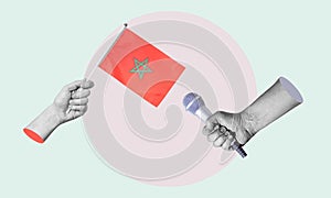 Art collage, collage of a hand holding the flag of Morocco, microphone in the other hand
