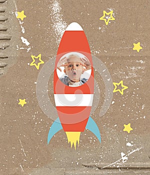 Art collage with cute school age wondered boy inside drawn rocket ship isolated on grey background. Childhood, dreams