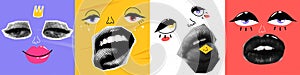 Art collage designs. With halfone faces in abstract popart style. With cartoon eyes and lips photo