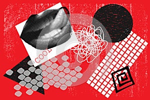 Art collage with halftone mouth tongue on red background with elements. Magazine style, grunge textures. Composition