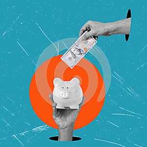 Art collage, the hand with dollars puts money in a pig\'s piggy bank