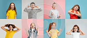 Art collage made of portraits of little and happy kids isolated on multicolored studio background. Human emotions