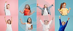 Art collage made of portraits of little and happy kids isolated on multicolored studio background. Human emotions