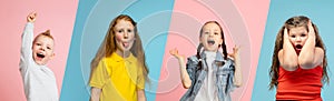 Art collage made of portraits of little and happy kids isolated on multicolored studio background. Human emotions