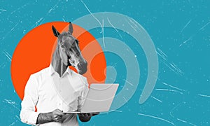 Art collage, man with horse head with laptop on blue background with space for text