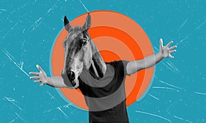 Art collage, man with horse head wants to hug on blue background with space for text