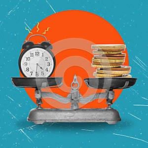 Art Collage, Scales on an Orange Background. On one side, money on the other side, clocks