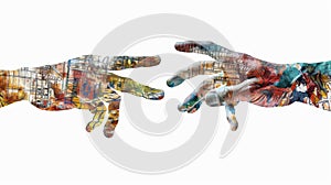 This is an art collage. There are two hands reaching out to each other. The concept is technical support, warranty