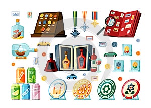 art collectors. set of different collectable items for collectors cars sticked postal marks bottles minifigures. Vector