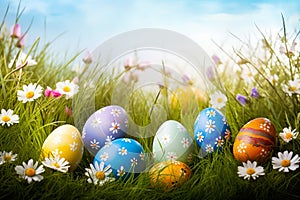 art Colorful Easter eggs decorated with flowers in the grass on Generative AI.