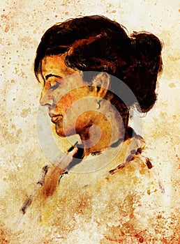 Art colorful painting beautiful girl face and sepia background.