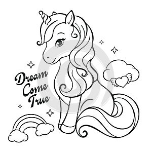 Art. Coloring page. Beautiful little unicorn on a white background. Print for clothes and t-shirts. Vector illustration. Cartoon