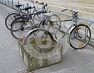 Art composition of bicycle with rear wheel stucked in concrete