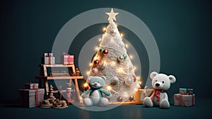 The art composition with christmas tree with bears and gifts. Holiday concept. Generative AI. Illustration for cover, card,