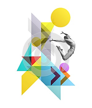 Art composition. Jumping man. Gymnastics activities for icon health and fitness community. Transparency geometrical background.