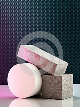 Art composition of volumetric geometric shapes on a textural background with artistic lighting