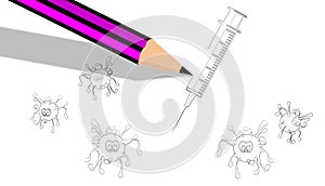 Art concept. Fantasy. Illustration, a pencil and white paper. Painting a simulated COVID-19 drawing and a syringe.