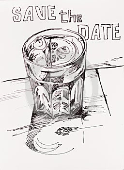 Art concept of happy hour spritz cocktail glass lineart sketch w