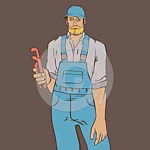 Art of cool man plumber. Hipster worker vector illustration