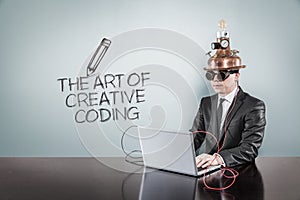 The art of creative coding concept with vintage businessman and laptop photo