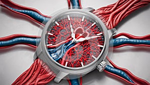 Art Creative concept of human biological wristwatch, with intertwined veins, arteries, and capillaries forming the watch
