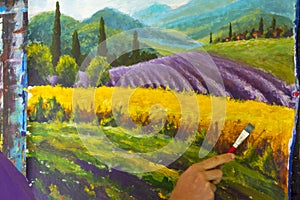 Art creative process. Artist create painting Italian summer countryside. Tuscany. Field of red poppies, a field of yellow rye. Rur