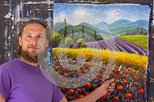 Art creative process. Artist create painting Italian summer countryside. Tuscany. Field of red poppies, a field of yellow rye. Rur