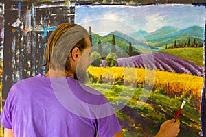 Art creative process. Artist create painting Italian summer countryside. Tuscany. Field of red poppies, a field of yellow rye. Rur