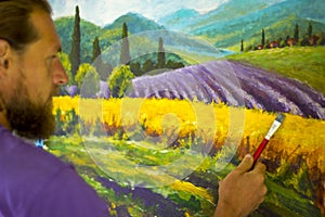 Art creative process. Artist create painting Italian summer countryside. Tuscany. Field of red poppies, a field of yellow rye. Rur