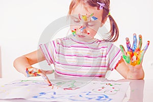 Art and creativity. Young child girl painting with colorful hands