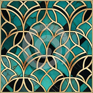 Art decco. Moroccan Seamless Pattern. Arabic Mosaic Watercolor Ornament Background Illustration. Eid Mubarak Muslim Decoration.