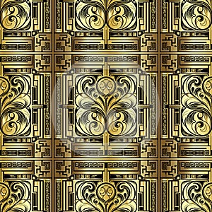 Art Deco. 3d gold Art Nouveau old retro style floral ornamental seamless pattern with square greek key meanders frames, borders.