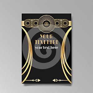 Art Deco A4 page template, retro style for web and print, city and the lights pattern with golden lines. Modern design for menu or