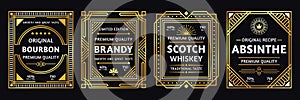 Art deco alcohol label. Vintage bourbon scotch, retro brandy and absinthe labels vector illustration photo