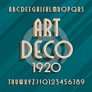 Art deco alphabet typeface. 3D effect type letters and numbers.