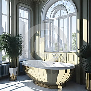 Art Deco Apartment Bathroom City Skyscraper Big Window View Natural Sun Light Bright Colors Metal detailes Generative Ai