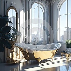 Art Deco Apartment Bathroom City Skyscraper Big Window View Natural Sun Light Bright Colors Metal detailes Generative Ai