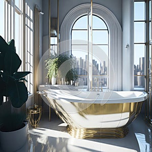 Art Deco Apartment Bathroom City Skyscraper Big Window View Natural Sun Light Bright Colors Metal detailes Generative Ai