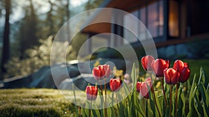 Vibrant Red Tulips In A Serene Vray Tracing Landscape