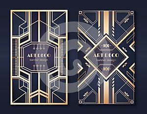 Art deco banners. 1920s party invitation flyer, fancy golden ornamental design, vintage frames and patterns. Art deco
