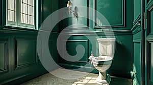 Art Deco bathroom with a classic white toilet against dark green paneled walls. Elegant toilet interior. Interior design