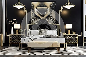 Art Deco Bedroom: Create a glamorous bedroom with an Art Deco - inspired design. Generative AI