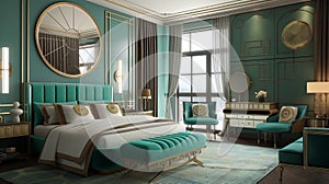 An Art Deco bedroom embraces the glamour and opulence of the 1920s and 1930s, AI generated