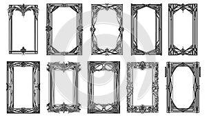 Art deco black rectangular frames. Old vintage orthogonal borders, abstract antique decoration molding panels in baroque