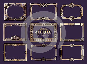 Art deco borders. 1920s golden frames, nouveau fancy decorative elements for vintage posters. Vector art deco ornament