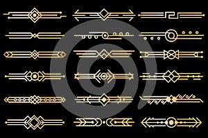 Art deco borders. Gold deco design dividers, book header ornament patterns. 1920s and 30s vintage luxury elements photo