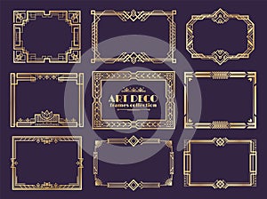 Art deco borders. 1920s golden frames, nouveau fancy decorative elements for vintage posters. Vector art deco ornament photo