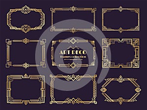 Art deco borders set. Golden 1920s frames, nouveau luxury geometric style, abstract vintage ornament. Vector art deco